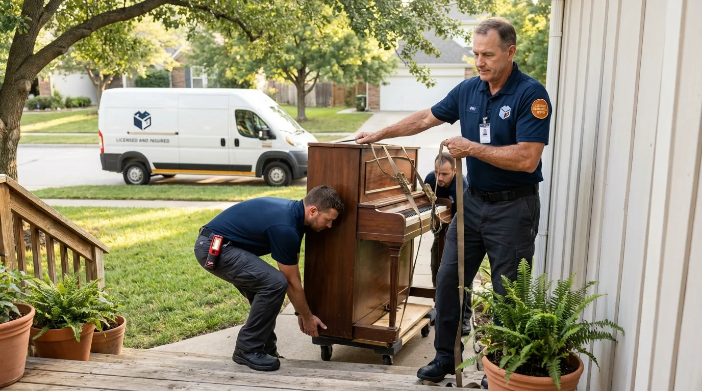 Licensed piano movers securing grand piano in Exeter, NH