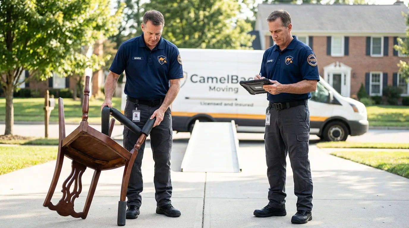 Movers inspecting furniture for damage prevention before loading in Exeter, NH