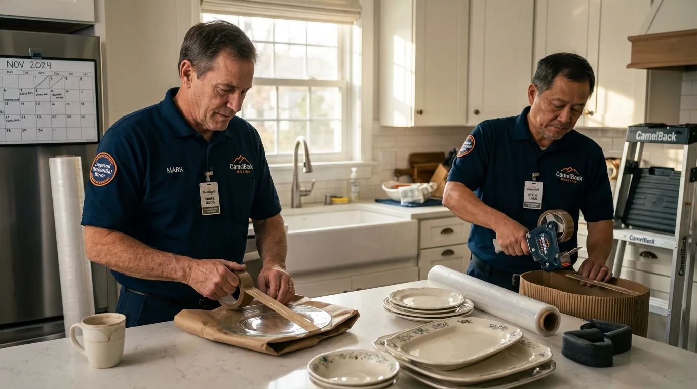 Professional crew packing kitchen dishware in Exeter, NH